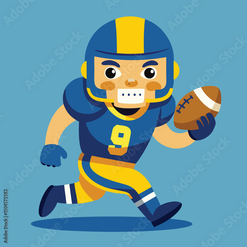Cartoon american football player running with the ball wearing blue and yellow uniform