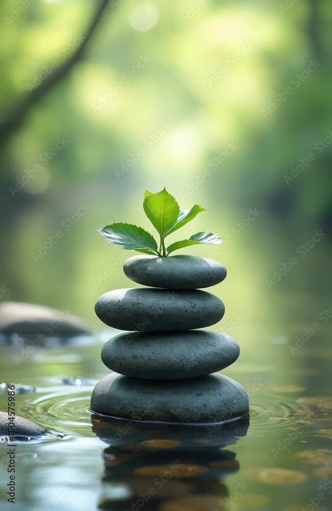 Obraz premium Zen stones stacked in perfect balance with vibrant green leaves. Calm stream water, wellness, meditation concept. Tranquil spa background. Focus, concentration, harmony, well-being, relaxation.