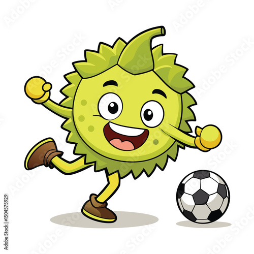 Cartoon durian character kicking a soccer ball representing playful sports activity