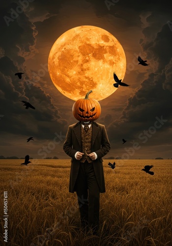 Pumpkinheaded man amidst crows under a huge moon photo