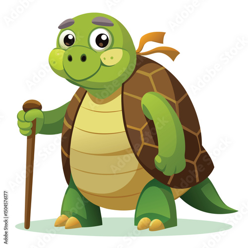 Cartoon illustration of a smiling turtle character holding a walking cane on white background