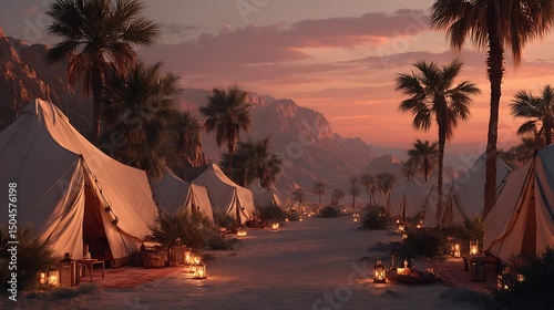 Realistic and detailed desert camp at sunset with large canvas tents, glowing lanterns, palm trees gently swaying, mountains in the background