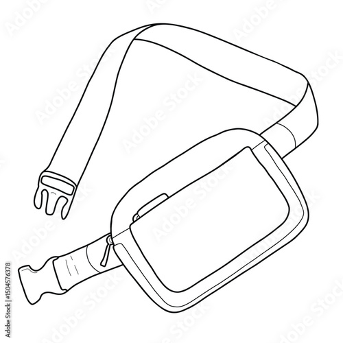 Vector linear illustration of a belt bag. Fashionable and practical summer accessory, perfect for travel, festivals and everyday outfits. Isolated on white background.