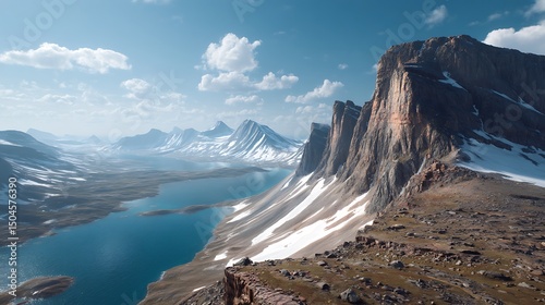 Remote arctic tundra with icy cliffs and deep blue glacial lakes stretching to the horizon, evoking untouched wilderness.