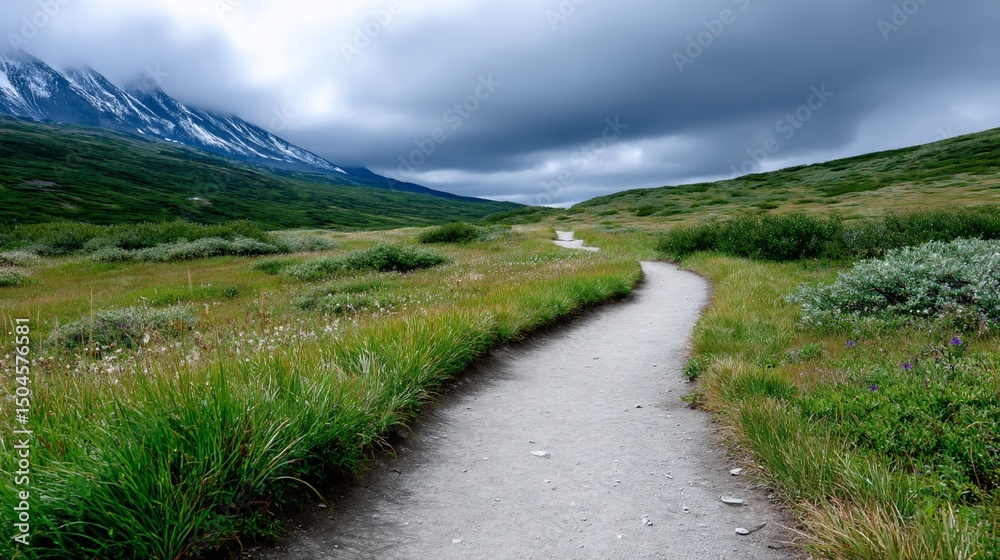 Fototapeta premium Winding mountain trail through grassy meadows under a stormy sky