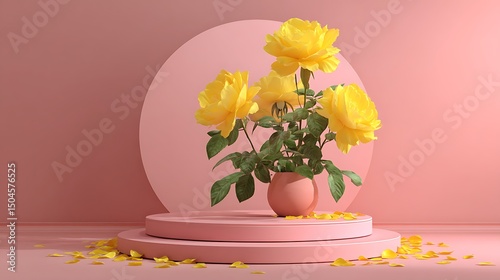 Round podium framed with vivid yellow roses on a pink background, minimalistic setting with soft natural lighting.