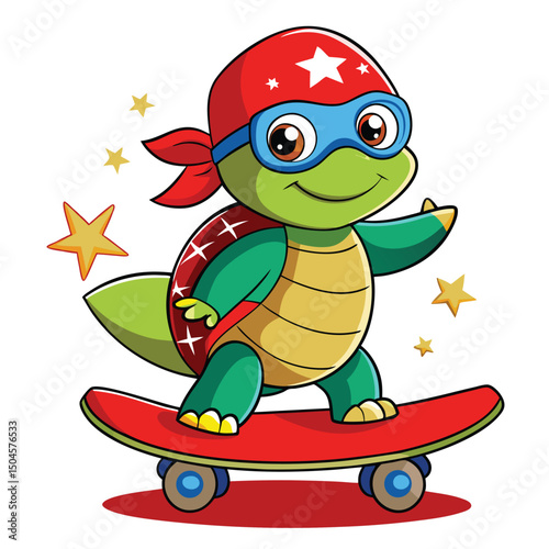 Cartoon superhero turtle riding a skateboard smiling with stars and bandana decoration