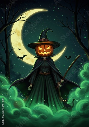 Pumpkinheaded sorceress amid Halloween nights mystical ambiance photo