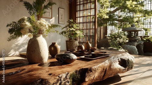 Serene home setting featuring natural wood table stump, clean ceramic pieces, and flower vase, Japanese style with warm lighting.