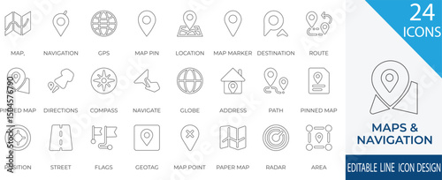 A detailed line icon set focused on maps, navigation, and location tracking. Includes essential icons like GPS, compass, map pin, route, globe, and address. Perfect for apps, travel platforms