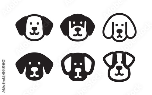 Playful Dog Breed Icons: A set of charming and simplistic dog face icons in black and white.