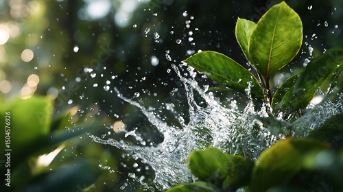 Splashing water droplets caught in sharp detail mid-air, surrounded by lush greenery and glowing background bokeh.