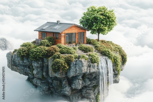 Whimsical wooden house on floating island surrounded by clouds fantasy landscape aerial view dreamlike environment