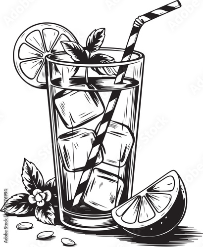 Black and white illustration of a refreshing lemonade with ice cubes and mint leaves