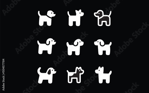 Puppy Icon Set: A minimalistic grid of nine charming dog icons in black and white.