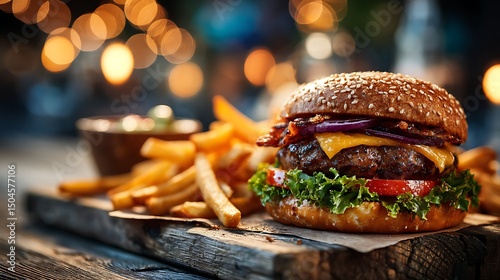 Tasty burger and fries combo on rustic table, fresh ingredients, bright overhead lighting, high texture detail.