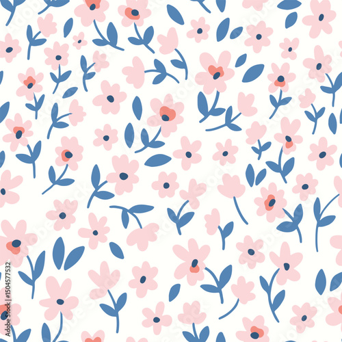 Seamless floral pattern, liberty ditsy print of pretty pink flowers. Cute botanical surface design of small hand drawn flowers, tiny leaves, simple plants in abstract arrangement. Vector illustration.