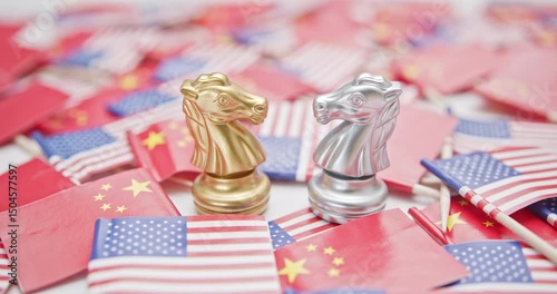 Golden and silver knight chess pieces represent the tactical competition between China and the US, surrounded by their respective flags, depicting the intricate trade negotiations, economic rivalries.