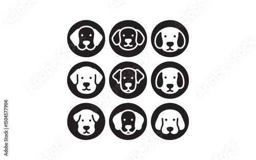 Dog Head Icon Array: An array of simple dog head icons, each enclosed in a circle, showcasing various breeds in a minimalist style.