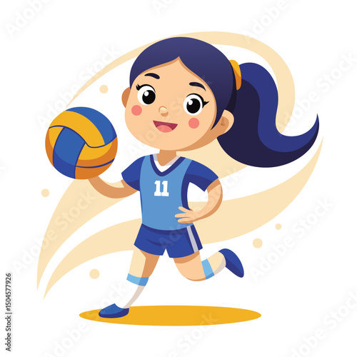 Cheerful cartoon girl playing volleyball representing healthy lifestyle and team sports