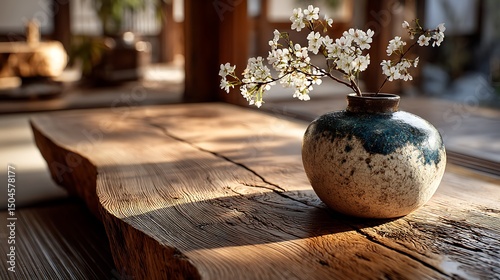 Wooden table made from a tree stump with minimalist ceramic vase holding delicate flowers, soft natural light filtering in, Japanese style interior.