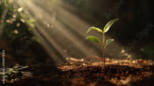 Young plant sprout rising from moist soil into a beam of light, cinematic shadows and detailed background with artistic natural depth.