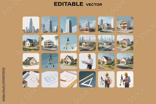 Architectural and Construction Themed Vector Icons for Design and Illustration Projects