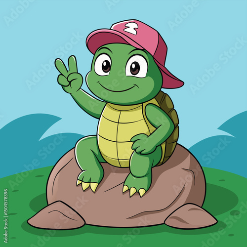 Cheerful cartoon turtle wearing a pink cap giving a peace sign and sitting on a rock