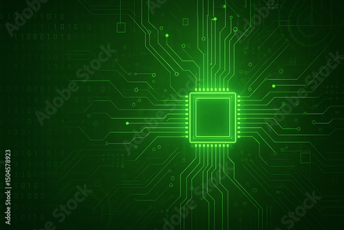 A close-up view of a green circuit board featuring a central processing unit (CPU) at the center. The intricate lines and patterns symbolize modern technology and innovation.