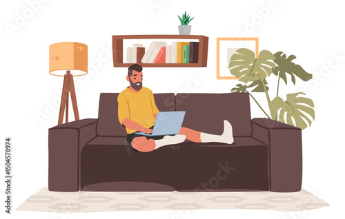 Freelance man cartoon character working online using laptop computer sitting on home sofa scene