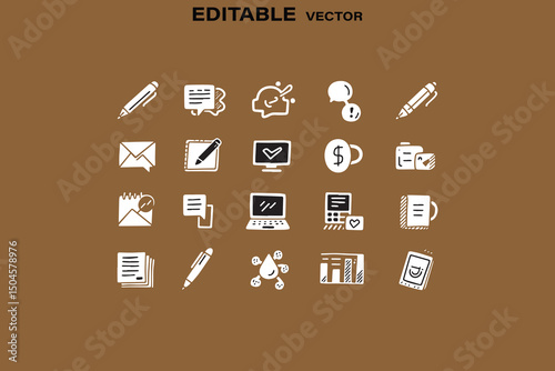 Hand Drawn Style Business and Communication Icons Vector Illustration Set