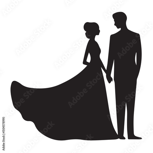Silhouette of bride and groom, a loving couple in wedding attire, captured in a black vector illustration of their marriage dance