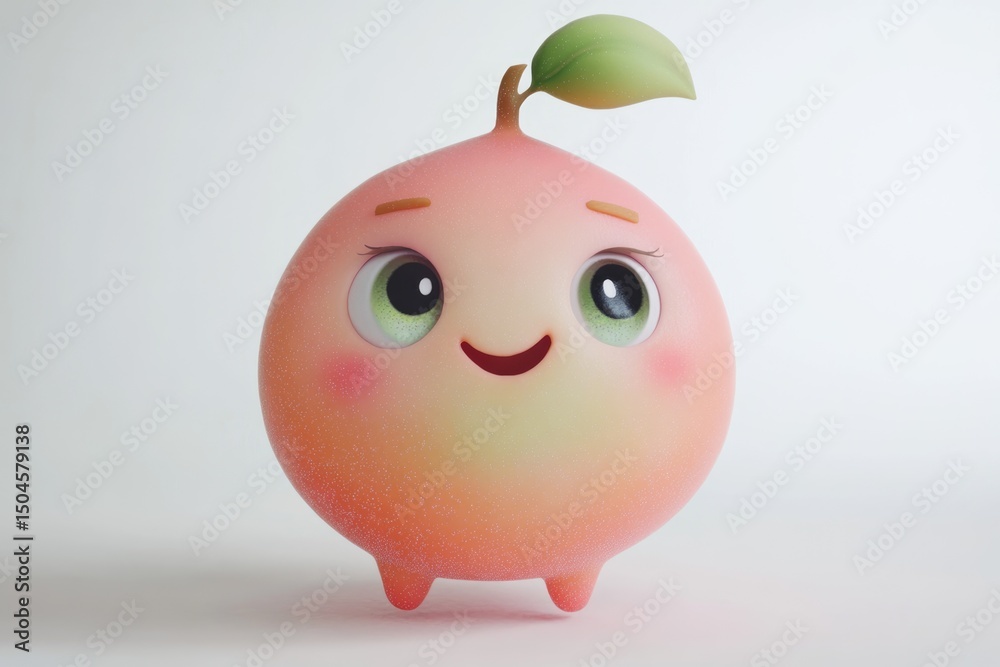 Fototapeta premium A charming, stylized 3D render of a peachy fruit character with big eyes and a sweet smile on a white background.