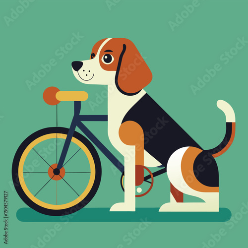 Cute beagle dog sitting beside a bicycle against a teal background illustration