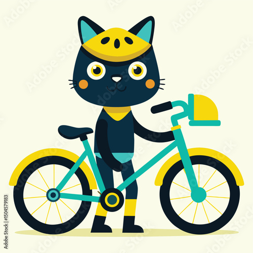 Cute cartoon cat wearing a helmet standing beside bicycle ready for a bicycle ride outdoors