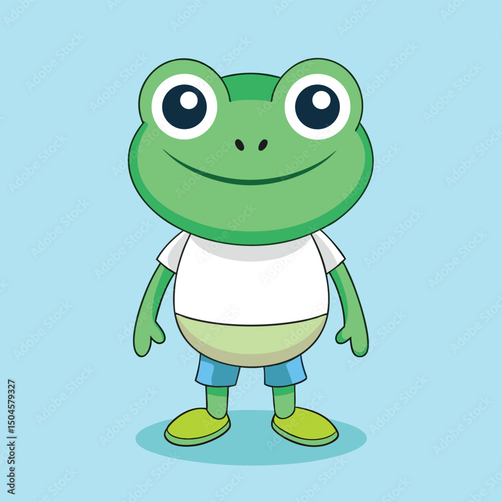 Obraz premium Cute cartoon frog wearing a white t shirt and blue shorts smiling broadly