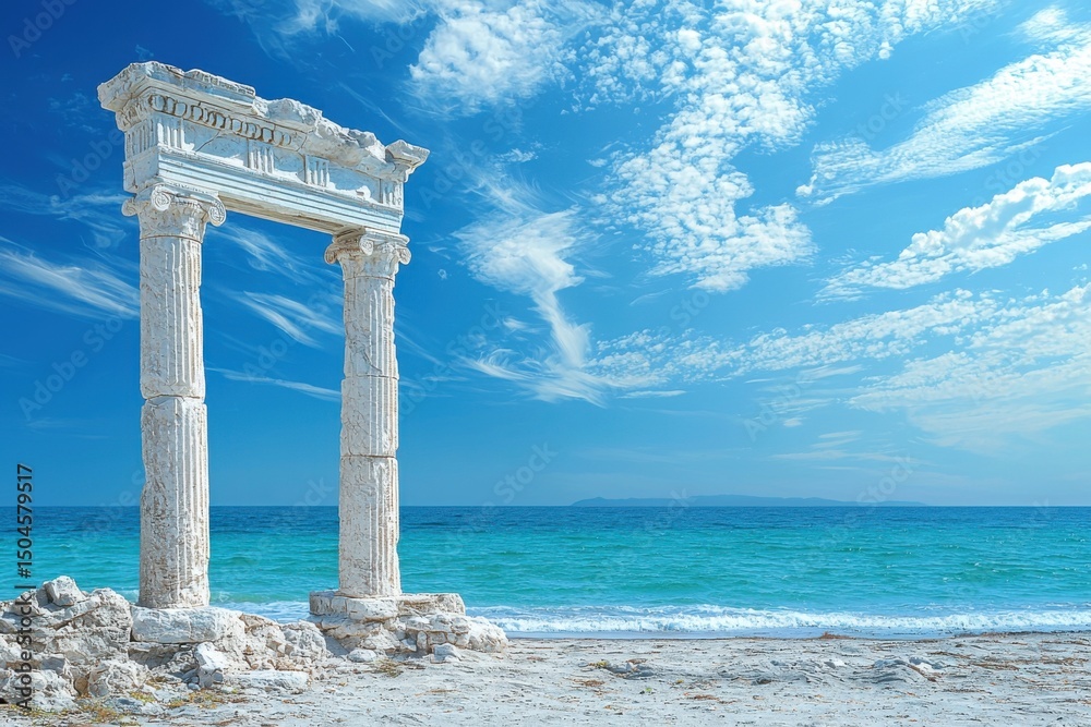 Fototapeta premium Ancient ruins photographed on sandy beach coastal location scenic view clear blue sky relaxing atmosphere