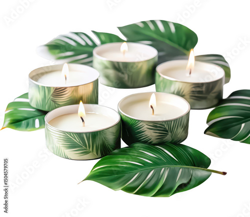 Tropical tealight candle set PNG small candles PNG tropical scent PNG home decor PNG aromatic candles PNG summer relaxation accessory PNG colorful candles PNG transparent background image