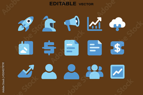 Set of Business and Finance Flat Design Icons on Brown Background