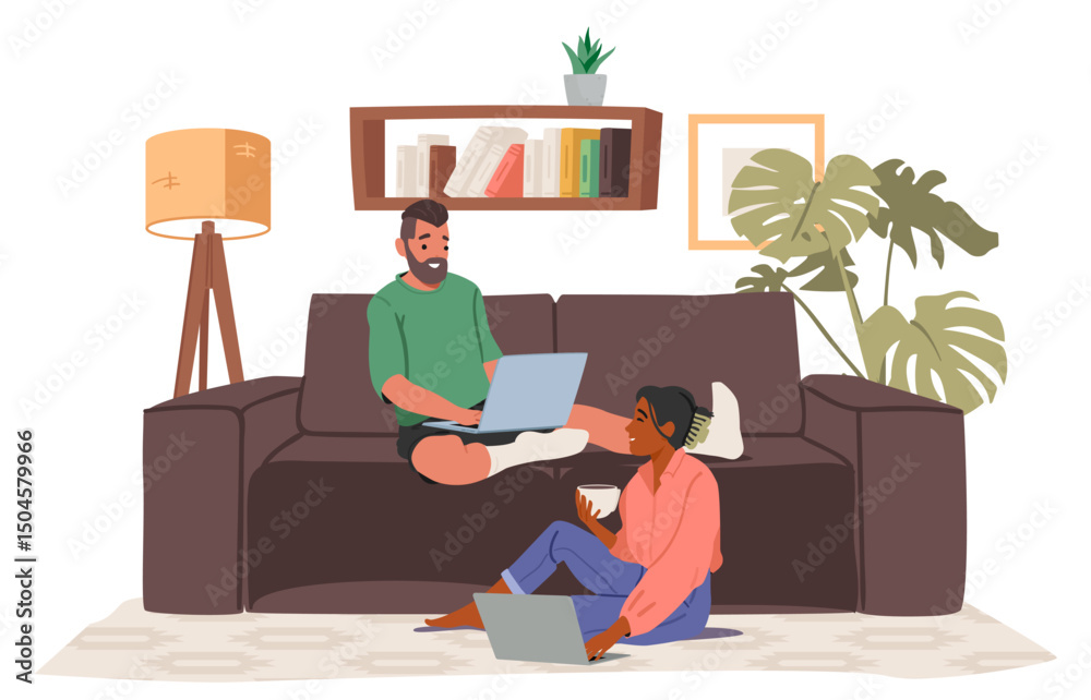 Fototapeta premium Happy young family couple characters working online on laptop at cozy home office cartoon scene