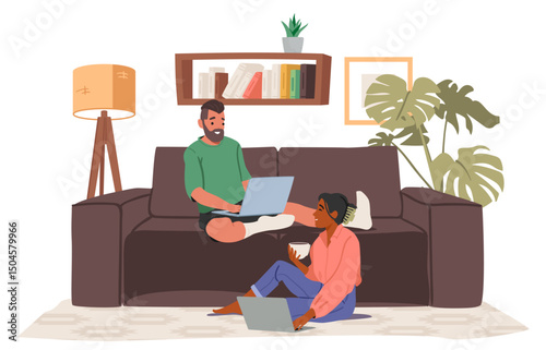 Happy young family couple characters working online on laptop at cozy home office cartoon scene