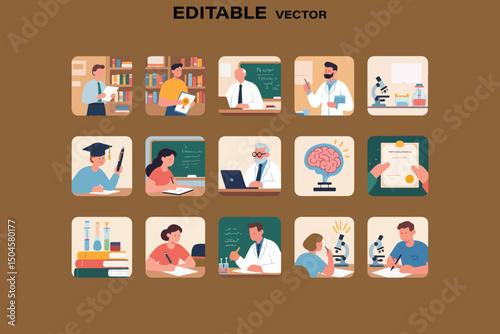 Diverse Education and Science Professions Vector Illustration Set on Brown Background