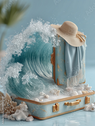 An open travel suitcase with a giant ocean wave coming out of it. 