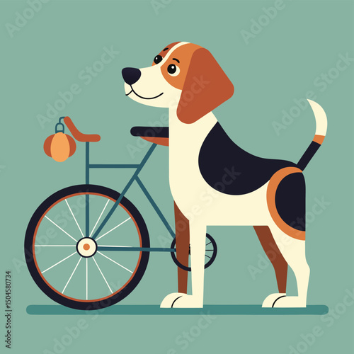 Playful beagle dog standing proudly beside bicycle with retro style illustrated graphic
