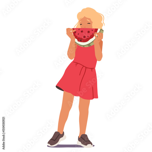 Cute girl child cartoon character wearing dress biting watermelon slice standing isolated on white
