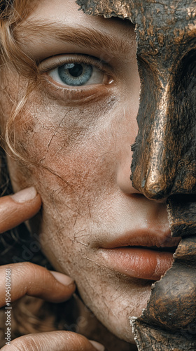 Book cover with a beautiful woman with a disfigured face removes a Renaissance metal mask.