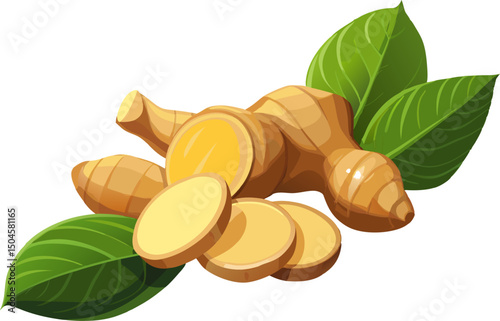 fresh ginger root on white background. Vegan food, A ginger root with fresh cut sections on a white background 