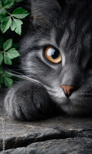 Portrait of a grey cat with yellow eye in the bushes.