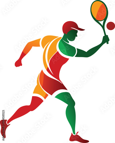 Colorful vector of a male tennis player in dynamic action pose with racquet, splash of colors, modern sports illustration style