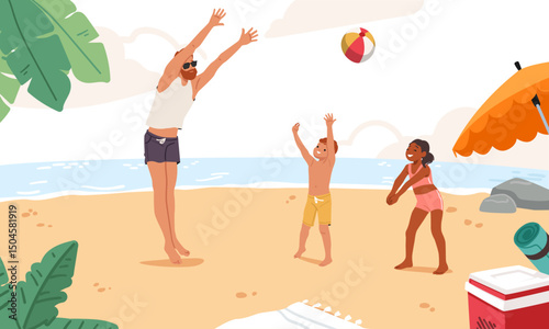 Father with children playing beach volleyball enjoying joyful entertainment time on tropical resort